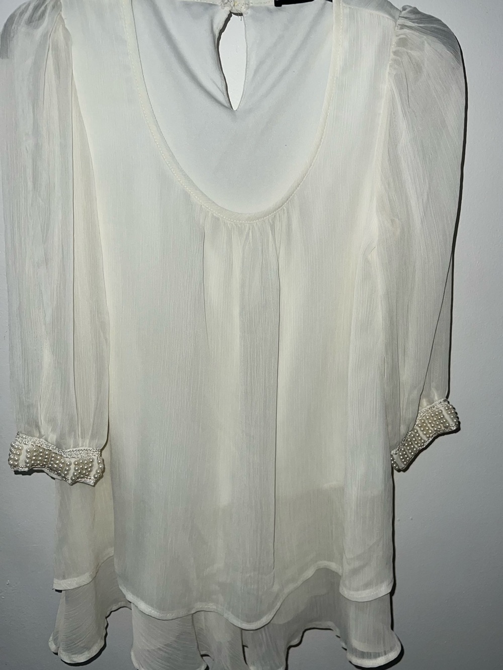 Atmosphere Cream Sheer Long-Sleeve Blouse with Pearl Cuffs